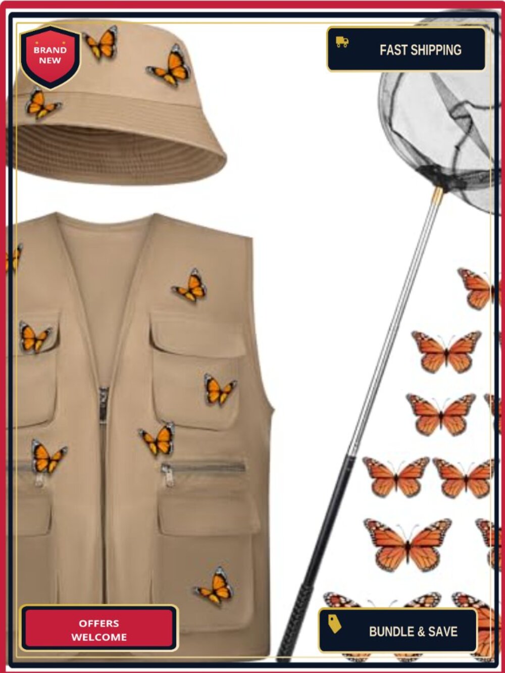 Men's Halloween Butterfly Catcher Costume Set Bucket Hat Vest Net Dress Up